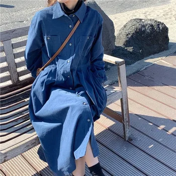Dolg Rokav Obleka Ženske Modra A-Line Dnevno BF Žepi Midi Imperij korejski Modni Retro Slim Jeseni Vintage Obleke Mujer Oblačila