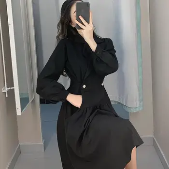Črna Vintage Obleko Ženske Priložnostne Elegantno Vitek Obleko Urad Dama Midi korejski Obleki Ženske 2020 Jeseni, Pozimi ženska Oblačila