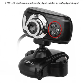 A2 LED Web Kamera, USB Webcam 360-Stopinjski MIKROFON Clip-On Web Cam za Youtube Računalnik PC, Laptop, Prenosnik, Fotoaparat Črn
