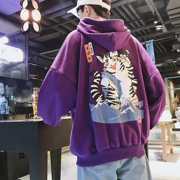 Moda Za Moške Vrhovi Ulične Smešno Mačka Hooded Mens Hoodies Hip Hop Obdelava Zgornji Del Trenirke Moški Korejski Modnih Harajuku Vijola Pulover S Kapuco