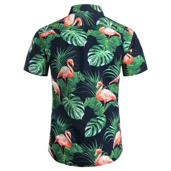Flamingo Hawaiian Tiskanja Majica za Moške Poletne Kratkimi Rokavi Moški Bombaž Plaži na Havajih Shits Priložnostne Gumb Gor Žep Aloha Camisas