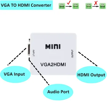 Grwibeou 1080P VGA, 2 HDMI Audio Adapter Priključek VGA2HDMI Mini VGA v HDMI Pretvornik Zvoka za Prenosni RAČUNALNIK Projektor za HDTV