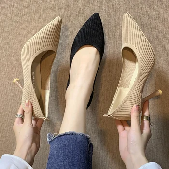 2020 novi korejski divje črne plitvo usta, pokazal visoke pete moda priložnostne pletene dihanje udobno žensk delo čevlji
