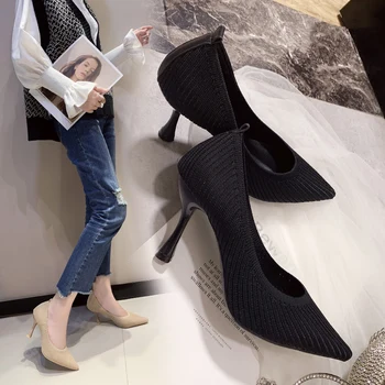 2020 novi korejski divje črne plitvo usta, pokazal visoke pete moda priložnostne pletene dihanje udobno žensk delo čevlji