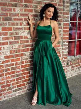 Seksi Povodcem Backless Strani Špranjske A-Linijo Dolgo Smaragdno Zelena Prom Obleke z Žepi Saten Stranka Obleko Diplomi Obleke