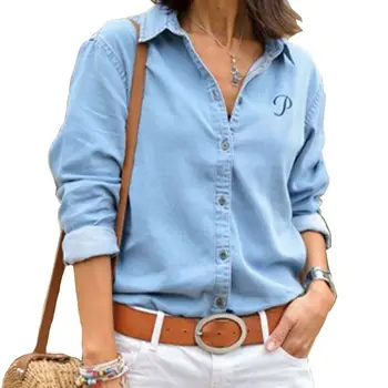 Popolnoma Nova ženska Majica Modro Bluzo Oblačila za Ženske Vrhovi 2019 znižuj Ovratnik Denim Bluze Bombažne Majice Haut Srajca Femme