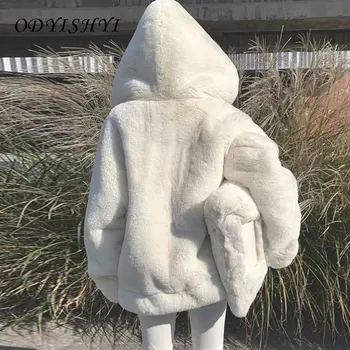2020 Novo Rex Zajec Krzno Coats Lady Oversize Debele Zimske Hooded Toplo Jakno Specializiranimi za umetno Krzno, krzneni izdelki Plišastih Beli Plašč Moda za Ženske Parka DH29