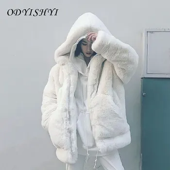 2020 Novo Rex Zajec Krzno Coats Lady Oversize Debele Zimske Hooded Toplo Jakno Specializiranimi za umetno Krzno, krzneni izdelki Plišastih Beli Plašč Moda za Ženske Parka DH29