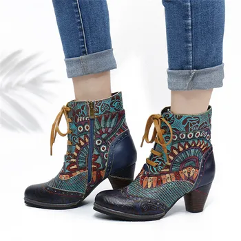 SOCOFY Ženske Barvita Retro Etnične Slog Škornji Usnjeni Škornji Čipke Zip Kavbojke Priložnostne Prostem, Škornji, Čevlji Botas Mujer 2020
