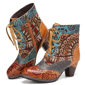 SOCOFY Ženske Barvita Retro Etnične Slog Škornji Usnjeni Škornji Čipke Zip Kavbojke Priložnostne Prostem, Škornji, Čevlji Botas Mujer 2020