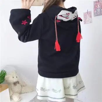 Japonski Lepe Street Fashion Ženske Hoodies Harajuku Kawaii Fox Uho Hooded Majica Sakura Vezenje Plus Žamet Puloverju Vrhovi