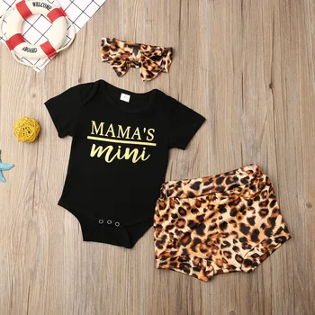 Pudcoco Newborn Baby Girl Obleke Pismo Tiskanja Kratek Rokav Romper Vrhovi Leopard Tiskanja Kratke Hlače Glavo 3Pcs Obleke Oblačila