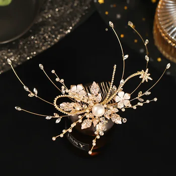 Luxcury Moda Ročno tkane zlati listi cvet kristalno las glavnik uhan Nastavite hairband glavo, poročni dodatki za lase poroka