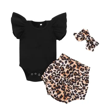 #50 Poletje Novorojenega Dojenčka Baby Girl Obleke Letenje Sleeve Solid Color Romper Bodytsuit+leopard Natisnjeni Hlače Trakovi Obleke Set