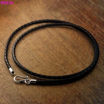 BOCAI S925 funt Srebro Zaponka ogrlica Usnjena Ogrlica vrvi, tkanine črno usnje krava vrv za moške in ženske 2020 nova moda