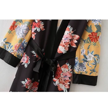 Ženske Cvet Tiskanja Kimono Jopico Bluzo Povoj Poletne Počitnice na Plaži prikriti Boho Dolgo Ohlapno Priložnostne Majice Plašč s Pasom
