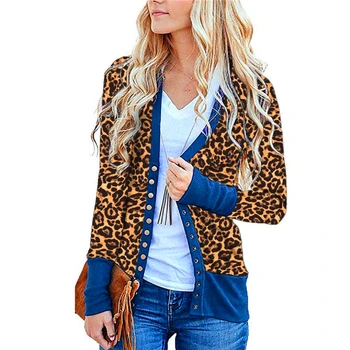 Leopard Natisnjeni Gumbi Vrhovi Ženske Dolgo Oplaščeni Svoboden Pletene Cardigan Pulover Moda Priložnostne Ulične Suknjič Jesensko Zimski Plašč
