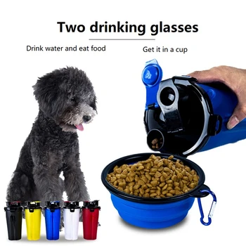 Prenosni 2 v 1 Hišne Potovanja Steklenico Vode, Hrane, Posoda Z Zložljivo Silikonski Pet Skledo na Prostem, Potovanja Pes, Mačka Napajalni Pokal