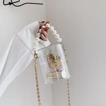 Pregledna Mini Pearl Tote vrečko 2020 Poletje Novih kakovostnih PVC Žensk Oblikovalec Torbici Verige Ramenski Messenger Bag Torbice