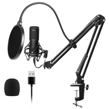 Usb Pretakanje Podcast Računalnik Mikrofon Profesionalni Studijski Kondenzatorski Cardioid Mic Komplet z Zvočno Kartico Boom Roko Šok Gori Filter,