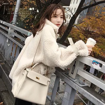 2019 Pozimi Leni Slog Imitacije Lambswool Ženske Plašč Elegantna Korejski Svoboden Ženski Parkas