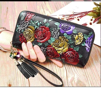 Cvetlični ženske denarnice pravega usnja ženski torbici luksuzne blagovne znamke dolgo ženska, denarnice in denarnice za dvojno zadrgo ženske denarnice sklopka