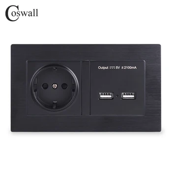 COSWALL Aluminij Kovinski Plošči električno Vtičnico EU Standardno električno Vtičnico Z Dvojnim USB Smart Indukcijsko Polnjenje Vrata Za Mobilne 5V 2.1
