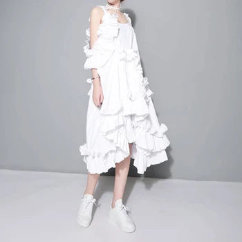 [EAM] 2021 Novo Pomlad Nezakonitih Večplastne Ruffles Barva Svoboden Fashion Sexy Belo Obleko Ženske Trendy Plima J211