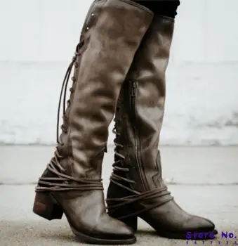 Sapato feminino ženske škornji kolena, visoko letnik PU usnje, usnjeni čevlji ženska navzkrižno vezani čipke gladiator škorenjčki dekleta chaussure TA0066