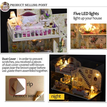DIY Lutka Hiša Lesena Lutka Hiše Miniaturni Lutke Pohištvo Komplet z Led Igrače za Otroke, Darilo za Rojstni dan