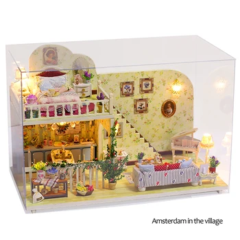 DIY Lutka Hiša Lesena Lutka Hiše Miniaturni Lutke Pohištvo Komplet z Led Igrače za Otroke, Darilo za Rojstni dan