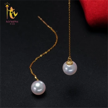 NIMFA pravi Akoya sea pearl uhani visijo,7-7.5 mm popolnoma okrogle 18K zlato uhani najboljše darilo za ženske ED0401