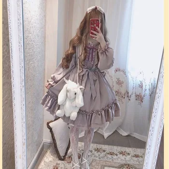 Moda Za Ženske Sladko Lovly Lolita Obleko Kawaii Obleko Srčkan Japonski Lolita Style Ruffle Dress Vintage Puff Rokav Sladko Sivke