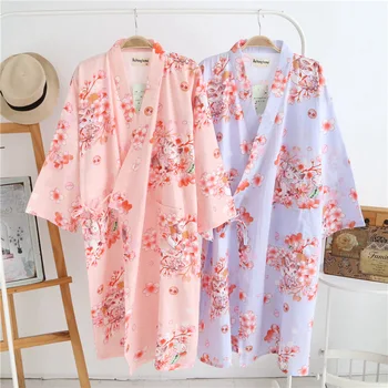 Bombaž kopalni Plašči Poletje Bombaž Halje za Ženske Bombaž Kimono Oblačilih, Cvetlični Spa Haljo Ženske Pižame Japonski Kimono Yukata
