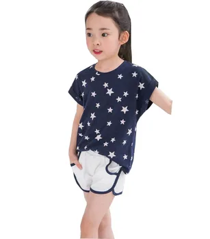 Otroci Poletje bombaž dekle, Gypsophila hlače + majica s kratkimi rokavi določa otroških oblačil krog vratu bombaž priložnostne obleko 2 3 4 5 6 7 let