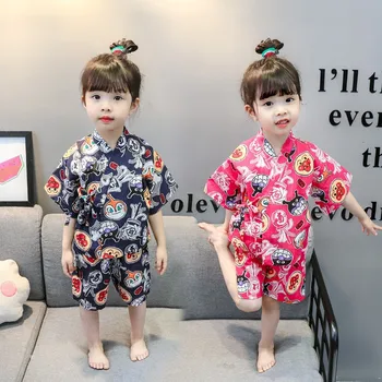 Orientalski Japonski Slog Tradicionalnih Yukata za Otroke Dekleta Pižame Sleepwear Bombaž Udobno Srčkan Risanka Kimono Jinbei Set
