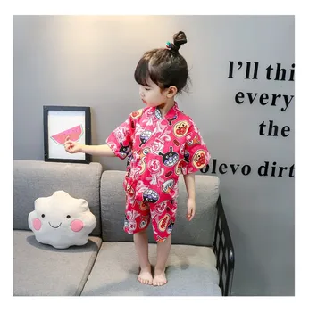 Orientalski Japonski Slog Tradicionalnih Yukata za Otroke Dekleta Pižame Sleepwear Bombaž Udobno Srčkan Risanka Kimono Jinbei Set