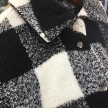 HM žensk nov padec 2019 polo majica z dolgimi rokavi, črne in bele kariran meša mehko tweed Pocket Majica plašč 0787160