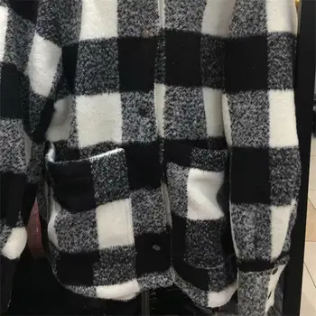 HM žensk nov padec 2019 polo majica z dolgimi rokavi, črne in bele kariran meša mehko tweed Pocket Majica plašč 0787160