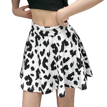 2020 novo krilo črno-belo kravo tiskanja visoko pasu nabrano krilo ženske srčkan moda nabrano krilo mini krilo