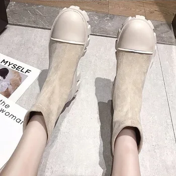 Moda Močen Petah Ženske Kratke Gleženj Škornji Antilop Usnja Jeseni Platformo Ženski Škornji Non-slip Krog Toe Dame Čevlji 2020 Nova