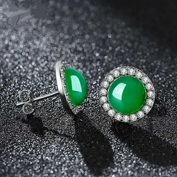 925 Iver Smaragdno Jade Nakit Uhani Chalcedony Agate Diamond Granat Ušesa Klinov Moda Čar Amulet Darila za Ženske