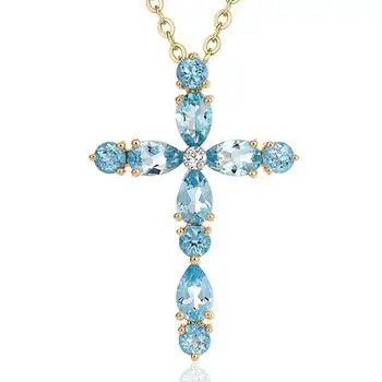 Aquamarine dragih kamnov križ obesek za ogrlico ženske modra kristal 18k zlato barvo choker veriga nakit, dragulji, luksuzni dodatek,