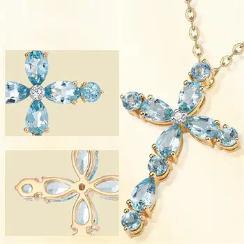 Aquamarine dragih kamnov križ obesek za ogrlico ženske modra kristal 18k zlato barvo choker veriga nakit, dragulji, luksuzni dodatek,