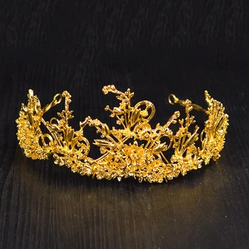 Nov Baročni Zlati Listi Poročne Krono za Poročna Moda Poročne Rože Velike Kraljica tiara Lase, nakit, Pribor Brezplačna Dostava