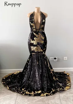 Seksi Dolgo Elegantno Prom Obleke 2021 Sexy morska deklica V-vratu Zlata In Črna Bleščeča Bleščica Afriške Deklice