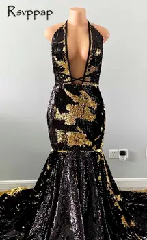 Seksi Dolgo Elegantno Prom Obleke 2021 Sexy morska deklica V-vratu Zlata In Črna Bleščeča Bleščica Afriške Deklice