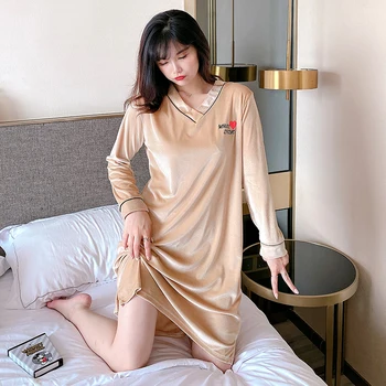 2020 Jeseni, Pozimi Dolg Rokav Zlato Žamet Proti-vrat Nightgowns za Ženske korejski Sleepwear Obleko Noč Nightdress Doma Obleko Nighty