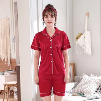 Ženske Gumb T-shirt Kratek Rokav Vrh Elastične Hlače Svoboden Sleepwear Nastavite Pižami