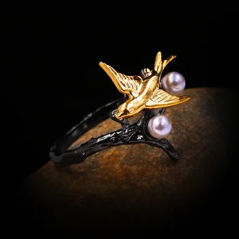 Novo Vrhunsko Hummingbird Pearl Black Gold Ring Ženske Obroč Stranka Nakit Posla Darilo Ptica Magpie Prstan Srebro 925 Obroč